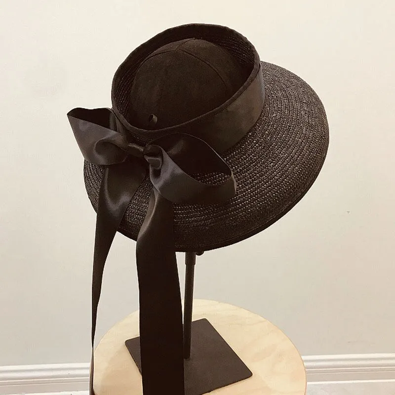Wide Brim Straw Beach Hat with Long Ribbon Bow