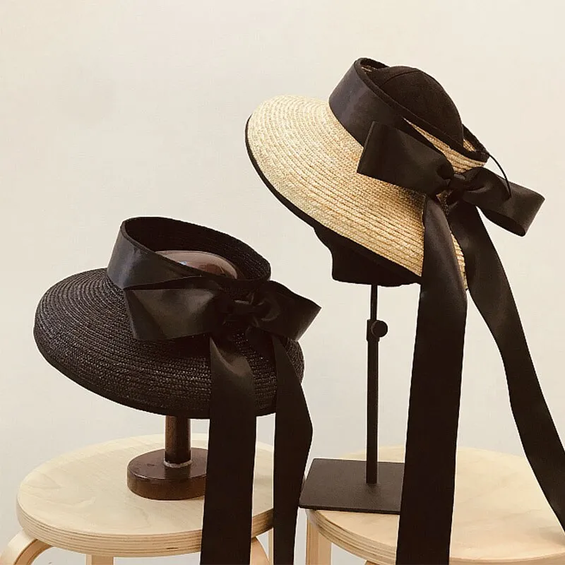 Wide Brim Straw Beach Hat with Long Ribbon Bow