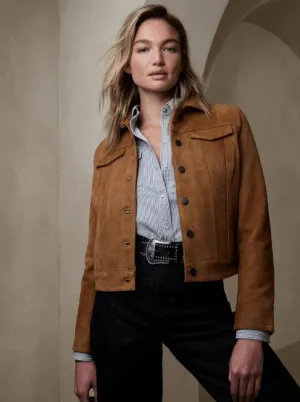 Women's Brown Suede Trucker Leather Jacket